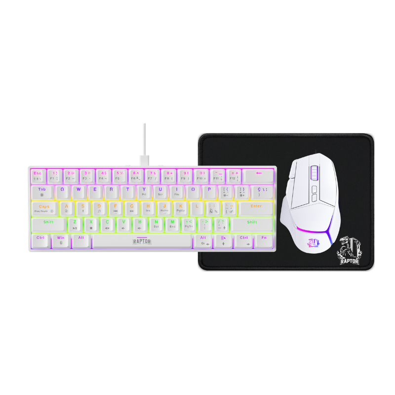 COMBO GAMER RAPTOR TECLADO MECÁNICO 68 TECLAS WHITE + MOUSE RGB 8000DPI WHITE + MOUSE PAD S (3101)